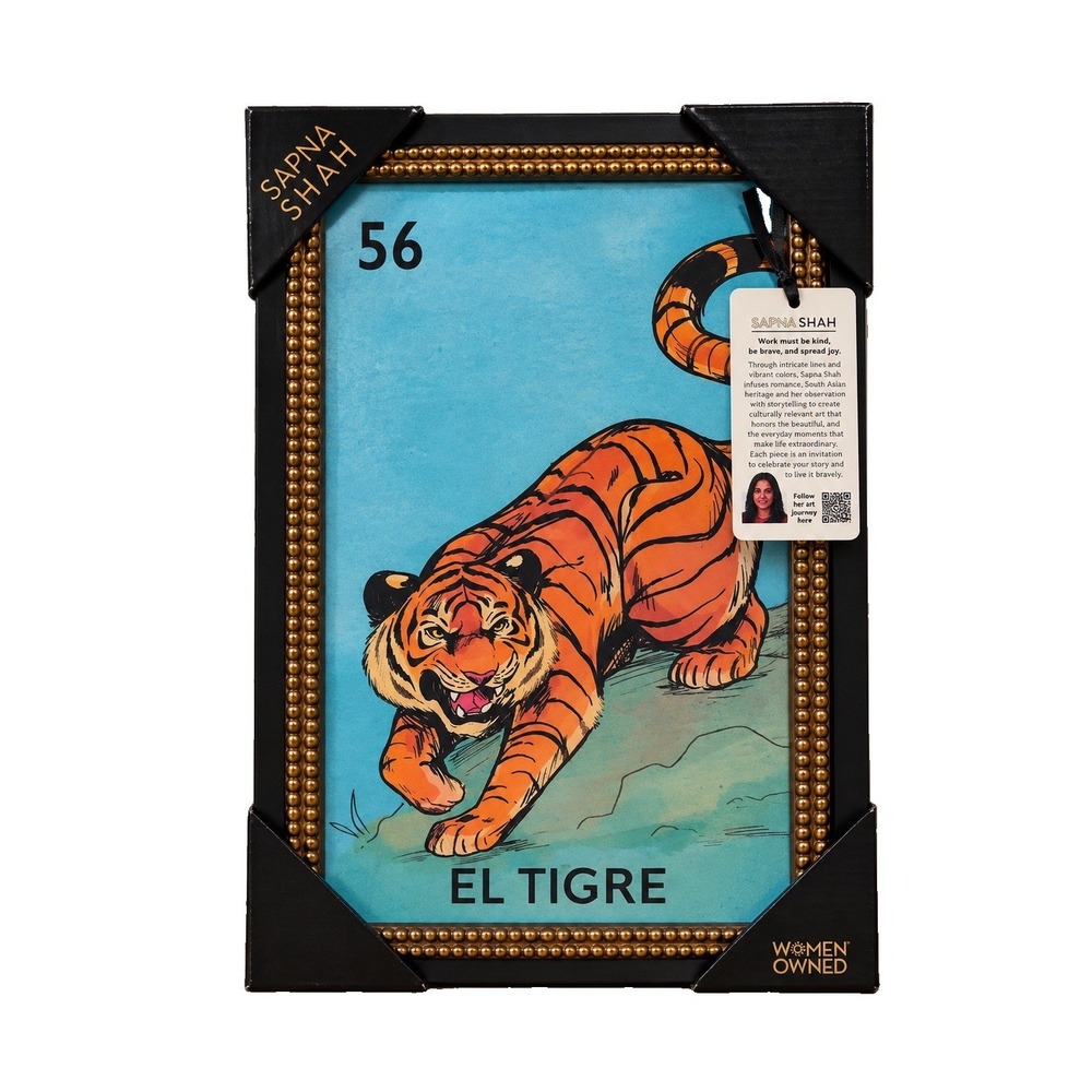 Sapna Shah El Tigre Loteria Framed Print 12x18 Mexican Folk Art Boho Decor NEW